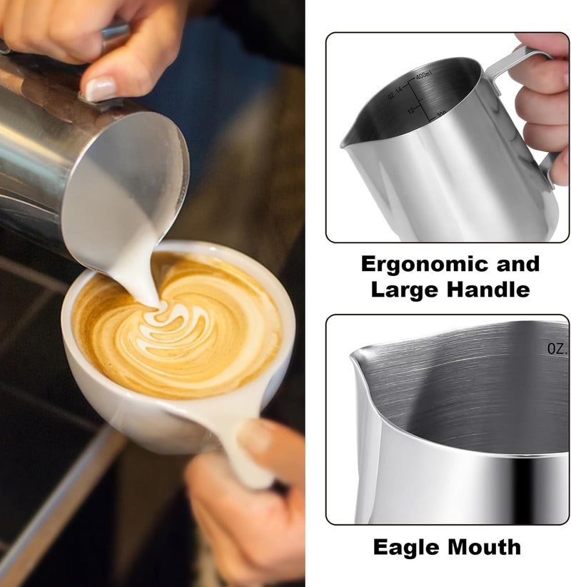 LifHap Milk Frothing Pitcher,Milk Steaming Frother Cup,Barista Cappuccino Latte Art Milk Jug with Decorating Pen,Stainless Steel Espresso Coffee Bar Accessories Tools (Silver, 14oz) - Image 3